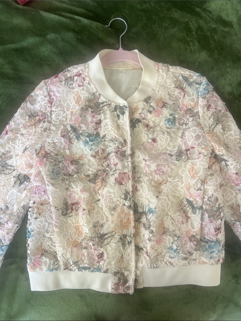 Floral Lace Bomber Jacket in Cream with Pastel Accents